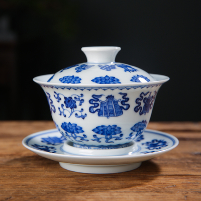 青花柴窯八寶蓋碗