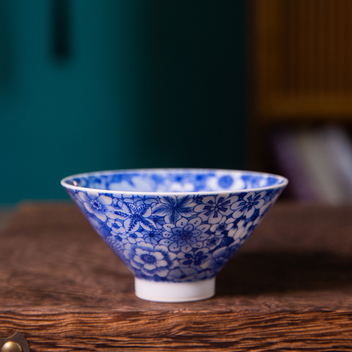 青花柴窯精工萬花斗笠杯